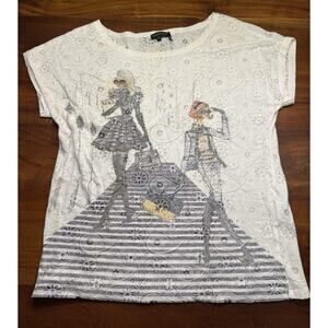 Tricotto Women’s White Embellished Fashion Girls Semi sheer T Shirt Sz M